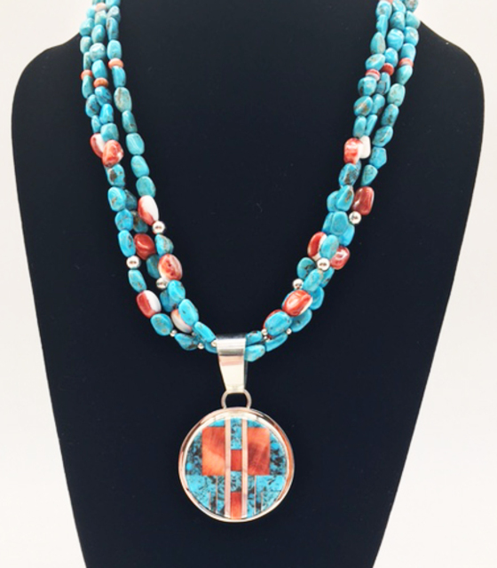 Three Stranded Turquoise and Spiny Oyster Necklace main image 1