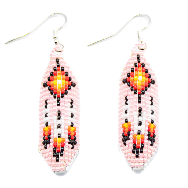 Beaded Pink Beaded Feather Earrings on Leather