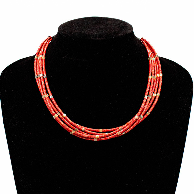 Multi-Strand Apple Coral & Abalone 5 Strand Necklace