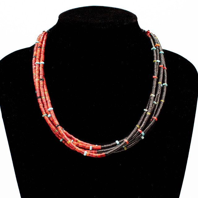 Multi-Strand Apple Coral & Jet 5 Strand Necklace 
