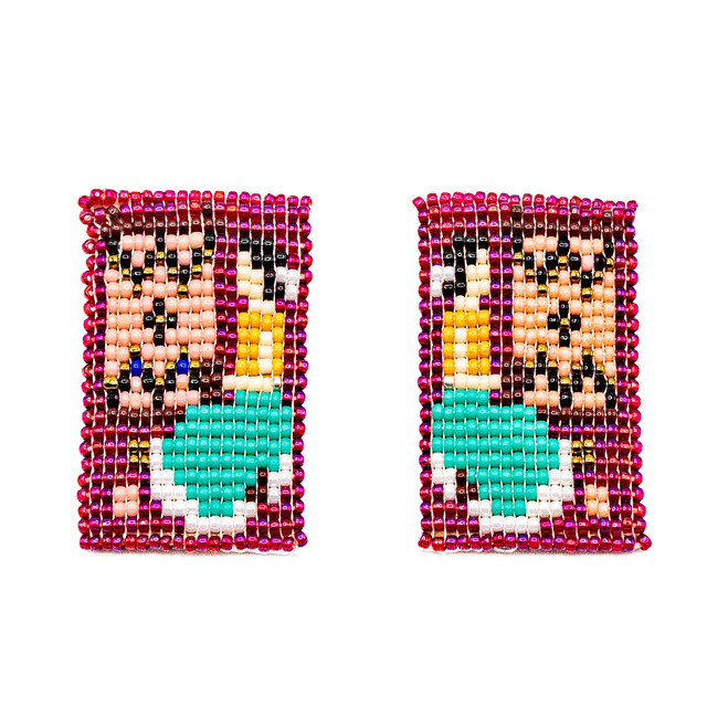 Beaded Woman Weaving Design Beaded Earrings in Pink