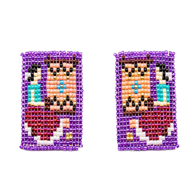 Beaded Woman Weaving Design Beaded Earrings in Purple