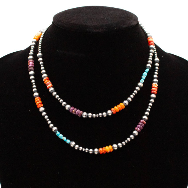 Semi-Precious Stone Sterling Silver Navajo Pearls, Spiny Oyster & Turquoise Necklace