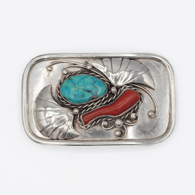 Vintage 1970's Vintage Turquoise & Coral Belt Buckle