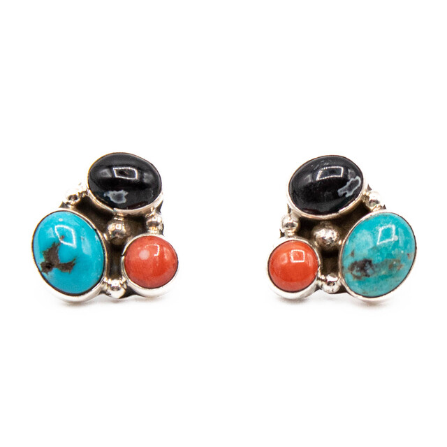 Semi-Precious Stone Onyx, Turquoise & Coral Earrings