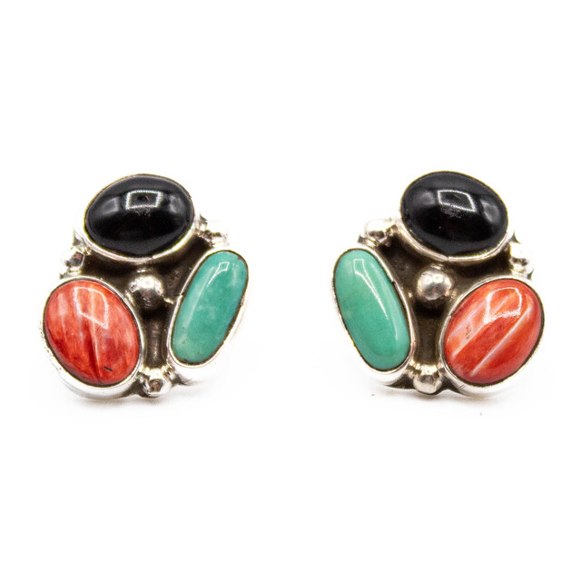 Semi-Precious Stone Onyx, Turquoise and Coral Earrings